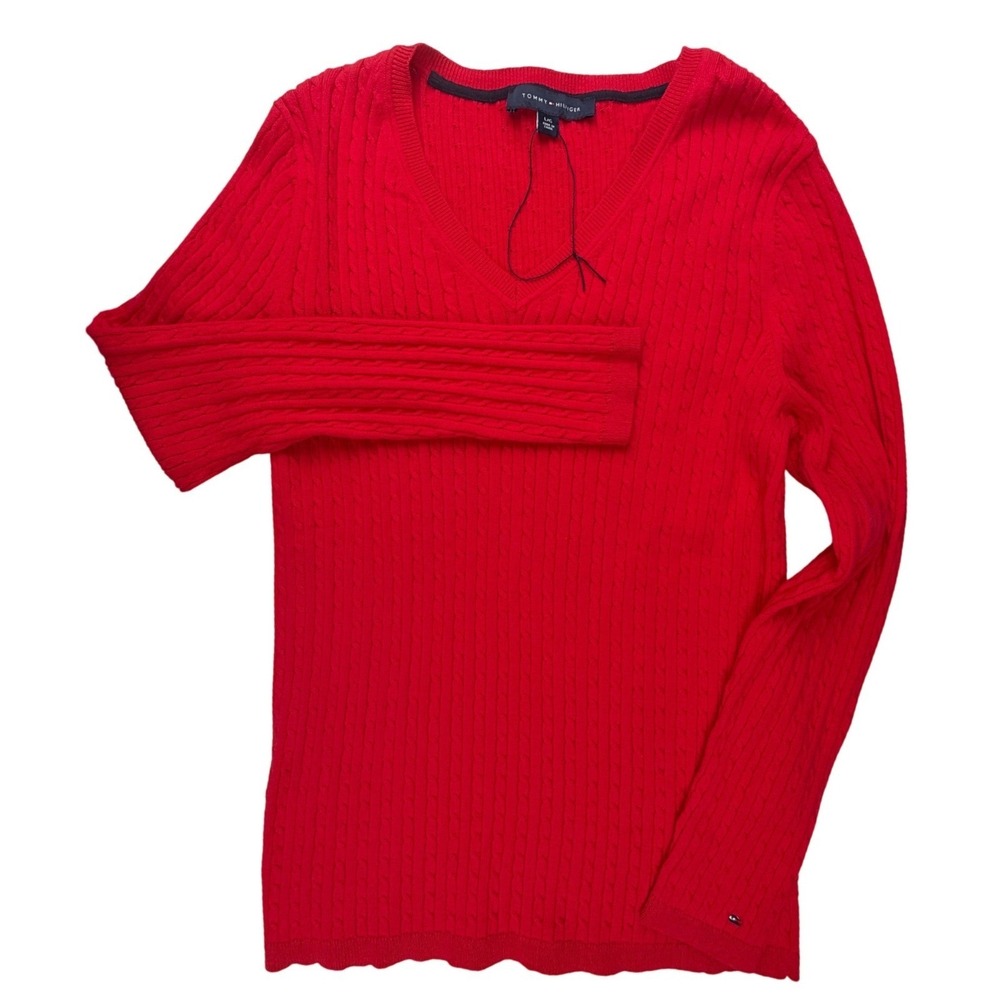 Tommy Hilfiger Womens Red‎ Cable Knit V-Neck Cotton Sweater Size L